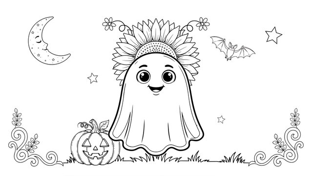 Cute ghost wearing a sunflower crown with a pumpkin and moon isolated on a transparent background