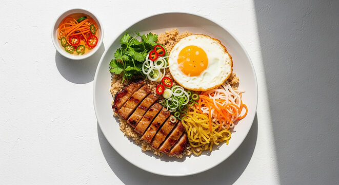 Vietnamese Com Tam Broken Rice Dish with Grilled Pork Chop Fried Egg and Pickled Vegetables
