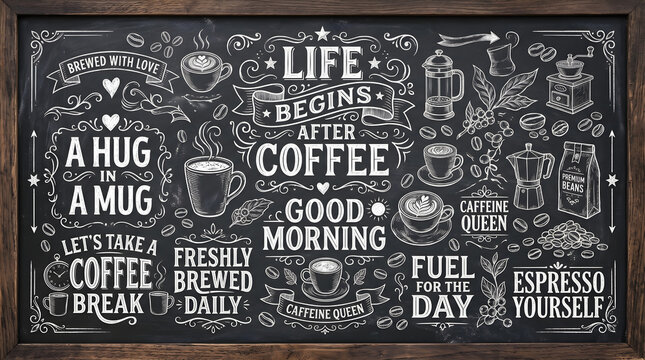 Chalkboard with coffee quotes and illustrations, cafe or kitchen decor, morning drink.