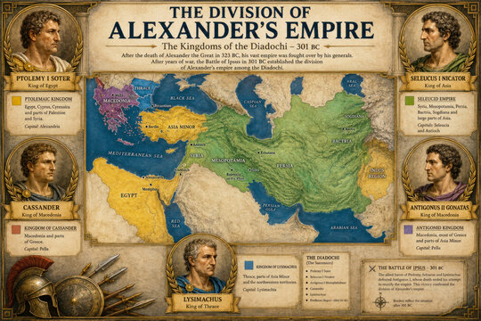 The Division of Alexander's Empire 301 BC &ndash; Historical Map Infographic