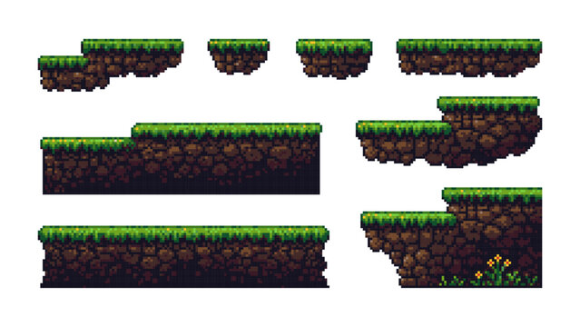 Pixel art game tileset featuring grass and dirt ground platforms. Collection of 2D game asset elements for level design. Retro y2k aesthetic vector graphics for indie platformer.