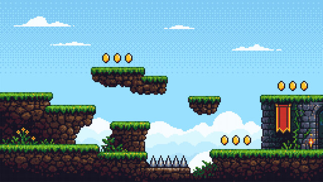 Pixel art game level design with grass platforms and gold coins. Retro 2D video game background scenery. Digital landscape for adventure game development with vintage aesthetic style.