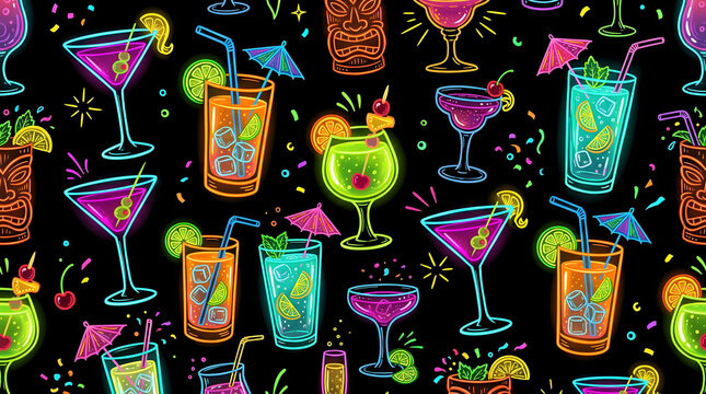 Neon cocktail party pattern with glowing drinks tiki mugs and tropical fruit decorations.