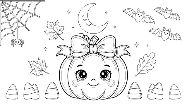 Cute pumpkin with a bow and halloween for coloring isolated on a transparent background