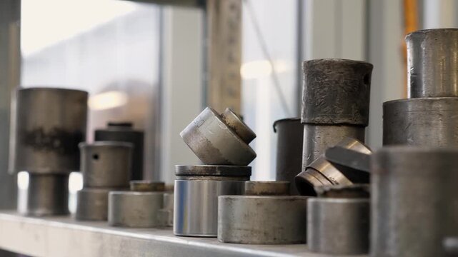 Close-up of a shelf with silent blocks at a car service station, various tools and accessories. A modern auto repair shop. Replacement of the silent block. Stable image.