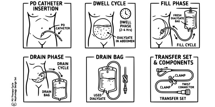 Peritoneal Dialysis Setup Ink Black White-Catheter Drain Bag Dwell Cycle-PD Therapy Vector-PD Icon Ink-Nephrology Design Set