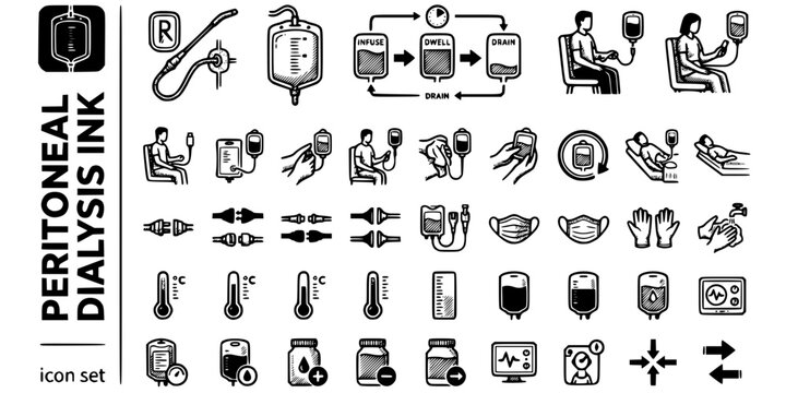 Peritoneal Dialysis Setup Ink Black White-Catheter Drain Bag Dwell Cycle-PD Therapy Vector-PD Icon Ink-Nephrology Design Set