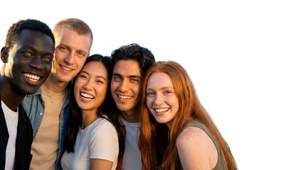 Fototapeta premium Diverse group of happy young people smiling broadly and looking at the camera outdoors in bright daylight.