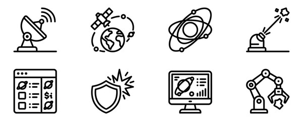 Set of simple black line icons for space technology research science and futuristic digital industrial automation tools Vector © SIMUL