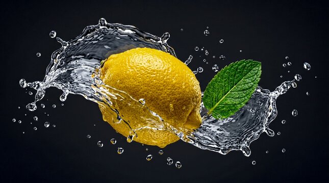 A vibrant yellow lemon with a fresh green mint leaf is splashed by clear water.