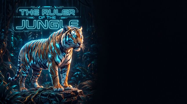 A majestic tiger with glowing blue stripes stands on rocks in a dark jungle with neon text 3d rendered.