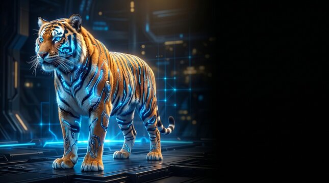 A majestic tiger with glowing blue stripes stands confidently in a futuristic dark setting 3d rendered.