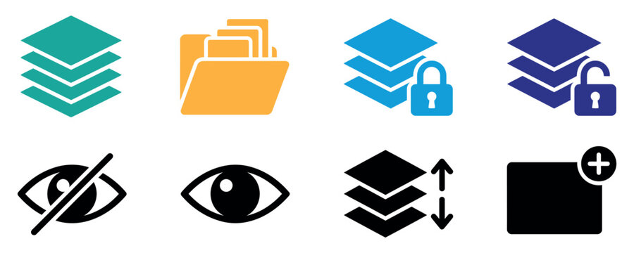 Set of graphic design software interface layer icons representing file management visibility and editing tools Vector