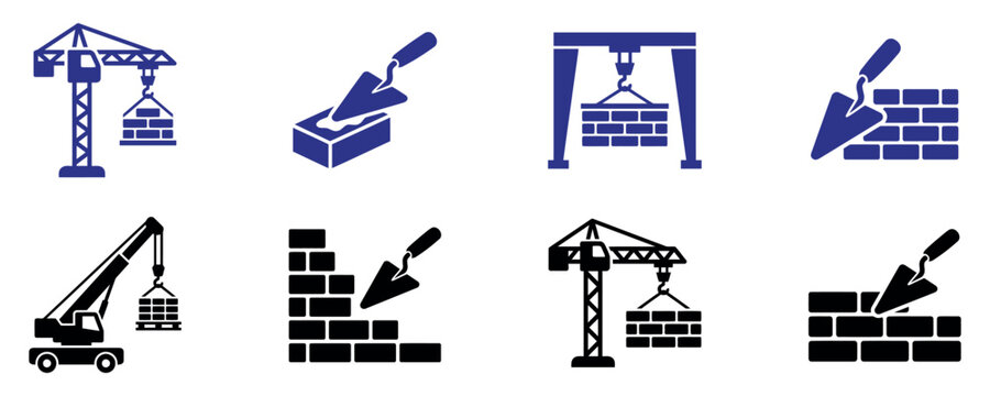 Set of construction icons featuring cranes and bricklayer trowel tools for building and architecture design projects Vector