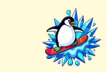 Obraz premium Cartoon Penguin Surfing on Colorful Splash Board.