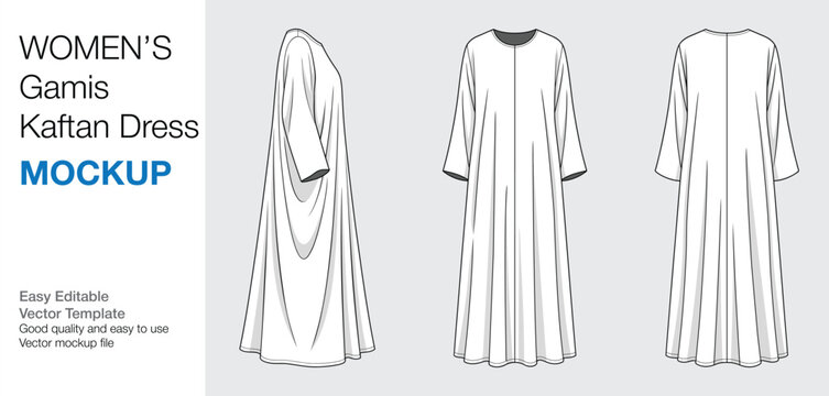Women's Gamis Kaftan Long Dress Mockup Vector Template - Front, Back, and Side View