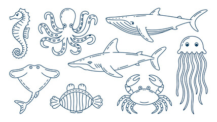 Sea life line art vector set featuring shark whale octopus jellyfish seahorse stingray crab and blowfish underwater marine animals collection © Atikul