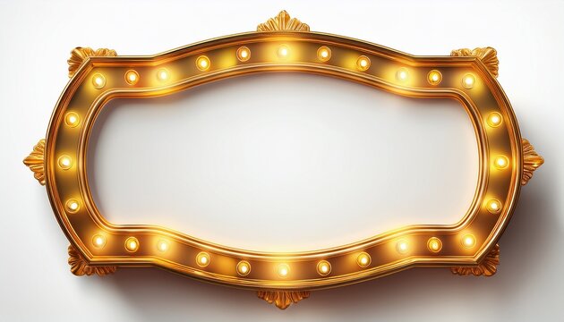 golden retro light bulb frame with glowing marquee lights vintage cinema sign white background for showbiz events