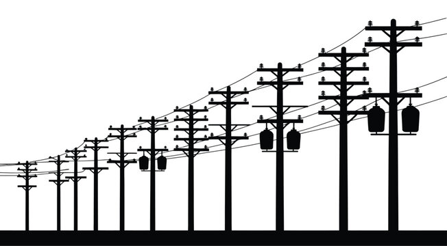 Titles
Title 1 (Exactly 20 words): Silhouette of power line wooden poles with electrical transformers and utility wires stretching into perspective against a white background