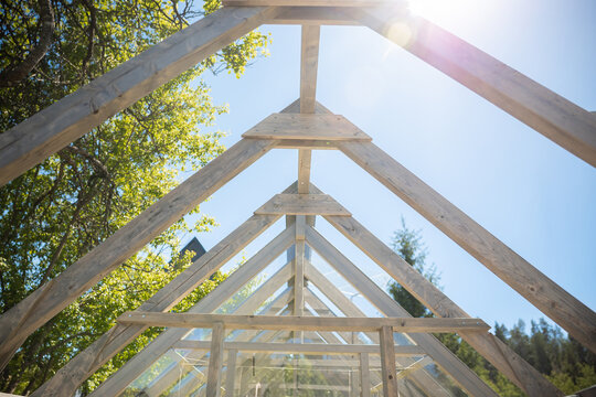 Triangular timber trusses align in a repeating pattern, tempered glass fits between beams. Daytime sun from upper right casts highlights and soft shadows in a garden.