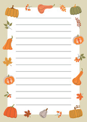 Fototapeta premium Autumn frame template with pumpkin, foliage, twigs, berries. Colorful border rectangular vertical shape with botanical objects and lines for text. Farm harvest vector illustration for the fall season.