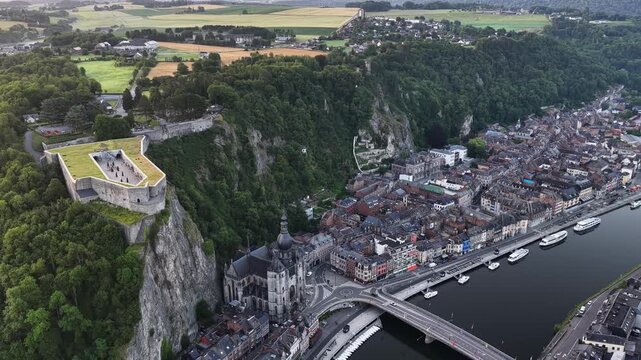 Dinant Belgium Ardennes Citadel and Meuse River aerial panorama
