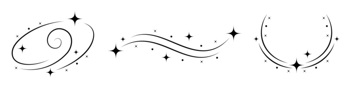 Black Celestial Sparkle Trail Vector Set, Minimal Magic Swirl Border Elements with Twinkle Stars, Elegant Decorative Curves for Invitation, Logo and Graphic Design