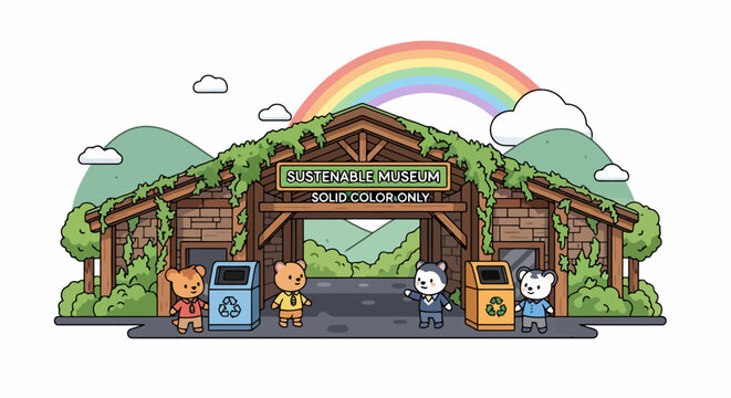 Cute animal characters with recycling bins in front of a nature reserve entrance.