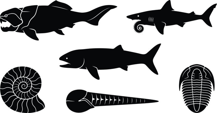 Prehistoric Marine Life Silhouette Vector Set Featuring Helicoprion, Dunkleosteus, Ammonite, and Trilobite Icons for Paleontology Science Logos and Ancient Ocean Graphics