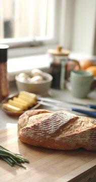 Vertical video: Camera is pulling back and revealing crusty loaf on board by window for breakfast
