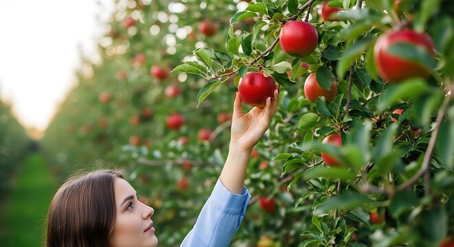 A woman in blue shirt picking a ripe red apple from an apple tree in a lush green orchard on a sunny day.