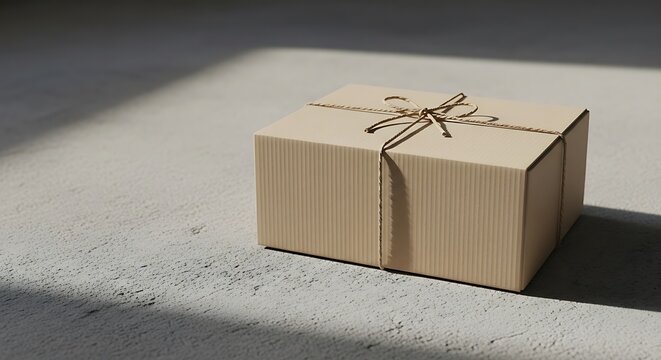 Brown paper wrapped gift box present.