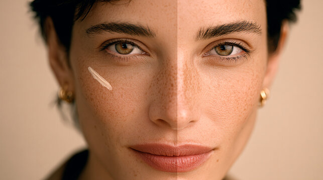 Portrait of a woman with half face makeup showing comparison