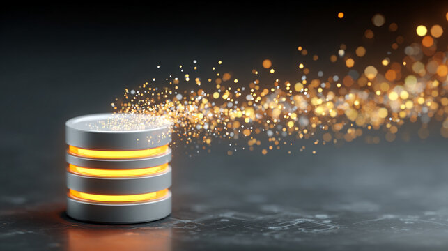 Database illustration with particles emanating from it, symbolizing data flow and information transfer