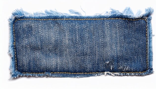 denim square patch with frayed edges isolated on white or white background