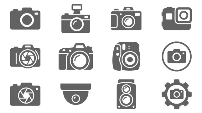 Advanced camera gear and lens icons grey.