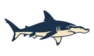 Fototapeta premium Minimalist profile of a hammerhead shark with organic curves and bold flat color blocks in deep blue and cream isolated on a white background wildlife concept