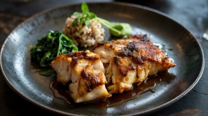 Fototapeta premium Japanese cuisine. The legendary dish is coal fish in miso maralinade (Miso Black Cod). The fish is served with a mix of wild and white rice, steamed spinach and a drop of wasabi sauce.