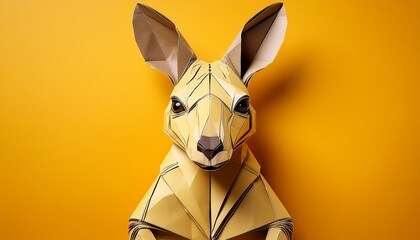 paper origami kangaroo isolated on yellow background ai generated