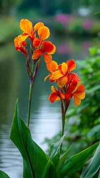 orange canna flowers in garden bond