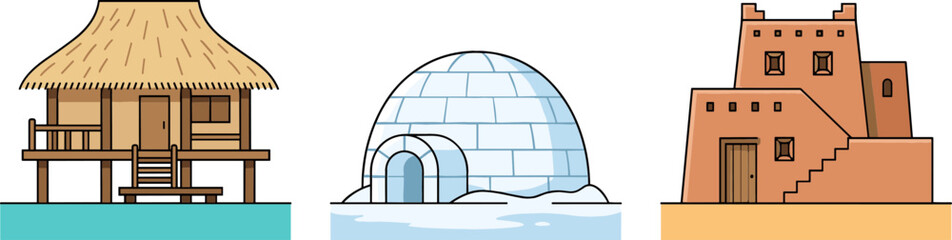 Traditional Cultural Dwellings Vector Set Featuring Tropical Water Stilt Hut Snowy Arctic Igloo and Desert Clay Adobe Pueblo House © MdMostakin