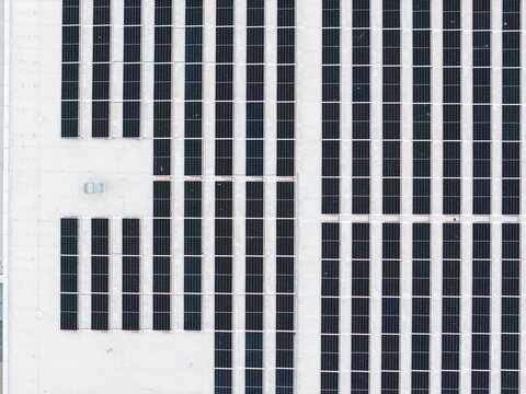 Aerial view of solar panels installed on a grocery store roof in Salaspils, Salaspils Municipality, Latvia.