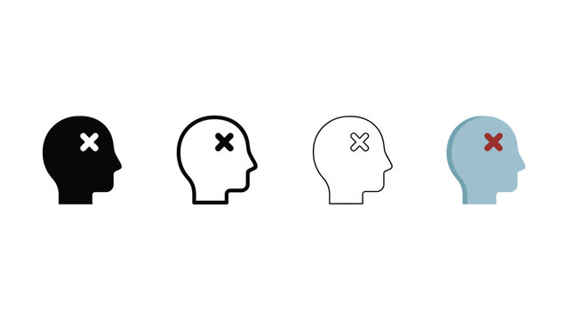 Four profile human head icons with crosses on forehead in different colors