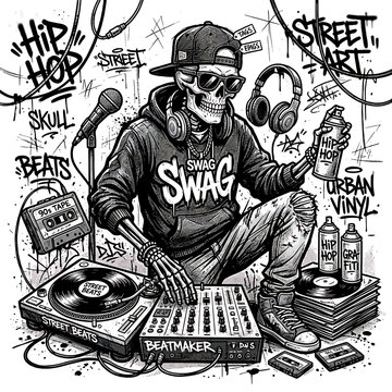 Skeleton dj with graffiti spray paint and turntable illustration