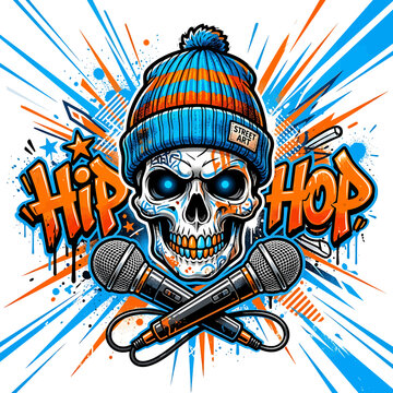 Hip hop music concept with skull wearing beanie and crossed microphones