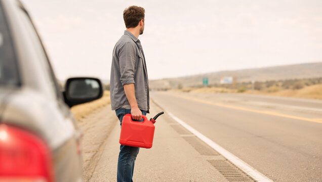 A man is standing on the road with a red gasoline can. He ran out of fuel while driving and is waiting for roadside assistance.
