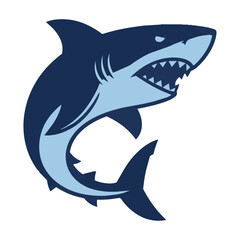 Naklejka premium Shark mascot in dynamic curved pose with open mouth featuring bold flat design elements isolated on white background sports team identity concept