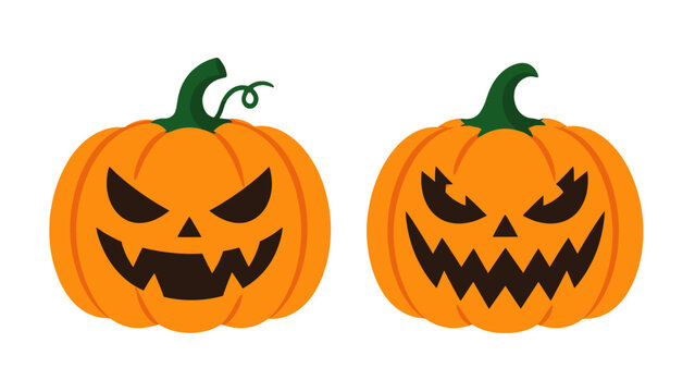 Two carved Halloween pumpkins with spooky faces in flat style