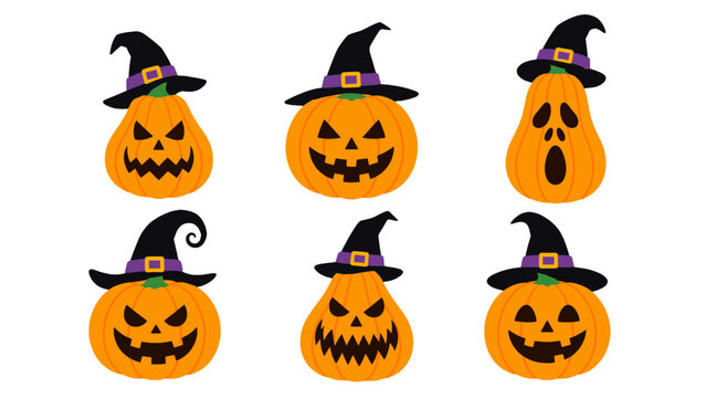 Set of carved Halloween pumpkins wearing black witch hats