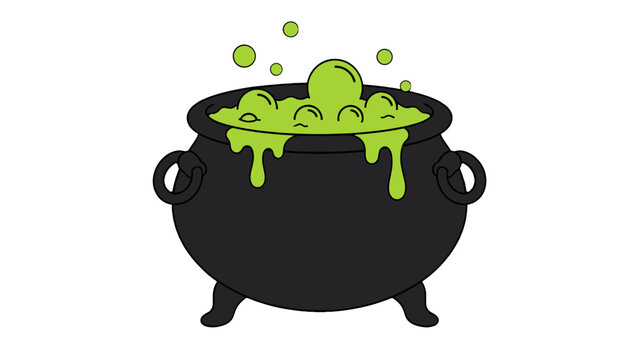 Black cauldron with bubbling green potion in cartoon vector style